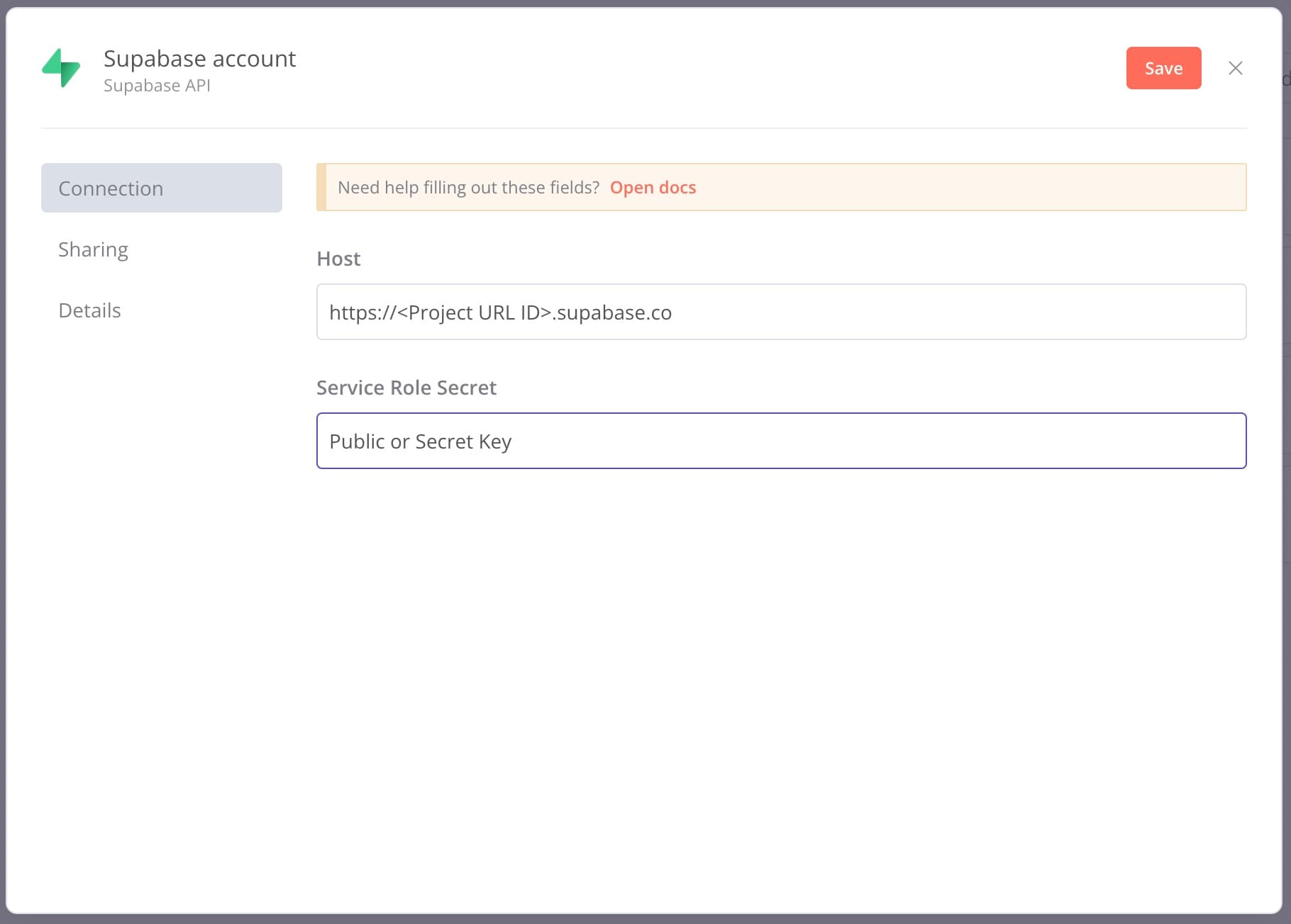 Enter Supabase credentials in N8N